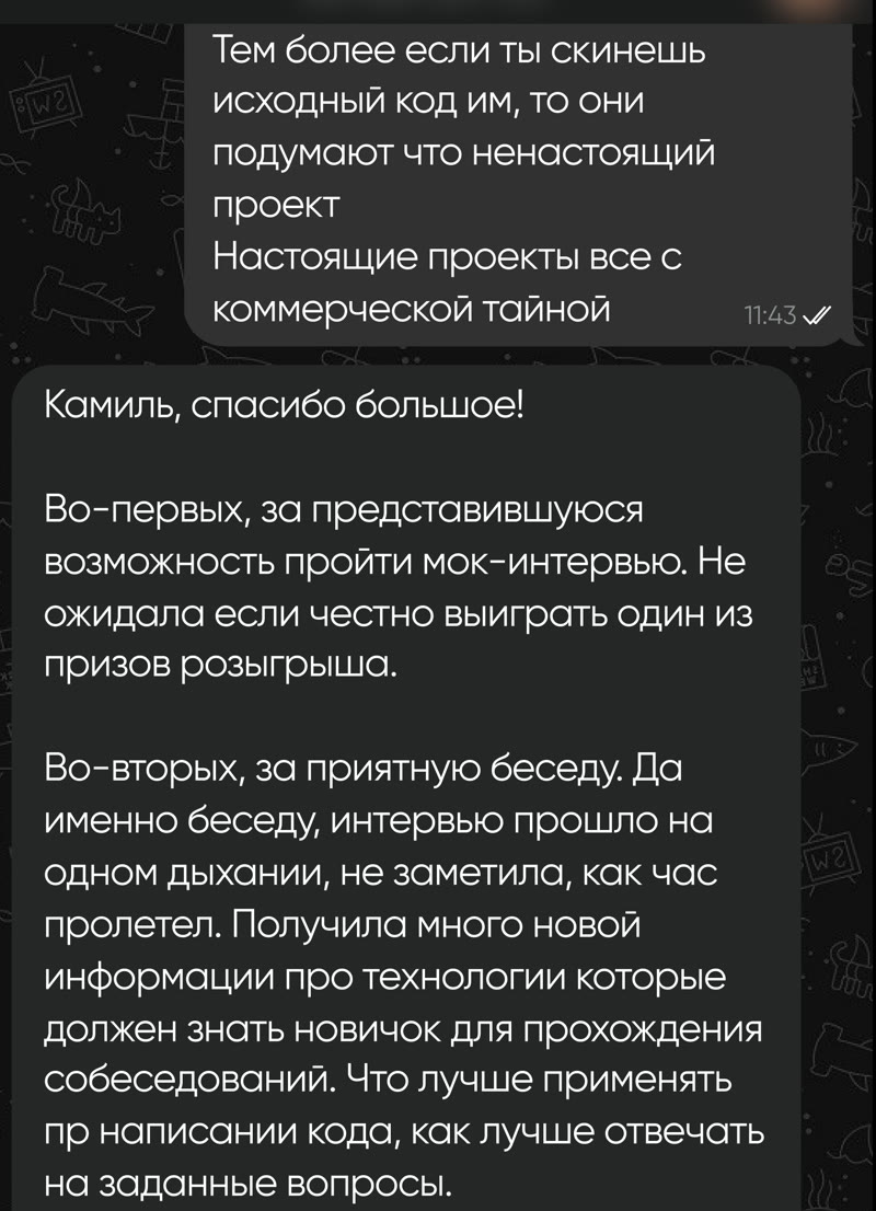 Сообщение участницы с благодарностью Камилю